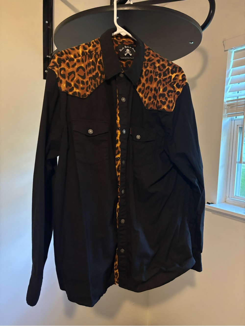 Black Men's Western Shirt with Leopard Yoke - Stylish Button-Up